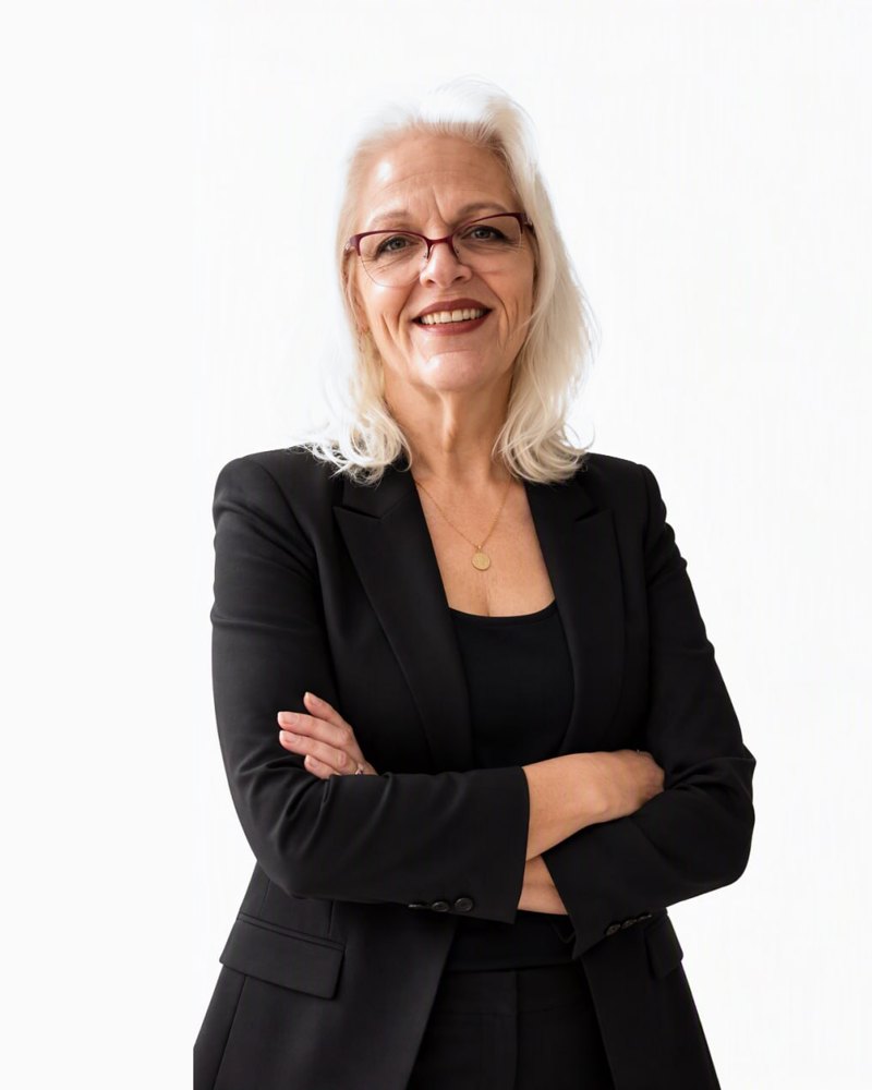 Lisa Malcolm smiling, arms crossed, in a black blazer